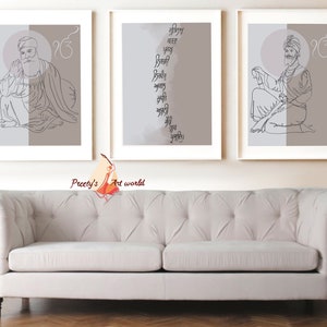 Set Of 3 Mool Mantar Guru Nanak Ji Guru Gobind Singh Ji Neutral Minimalist Line Art Boho Sikh Home Decor I Gallery Wall Art I Religious Art