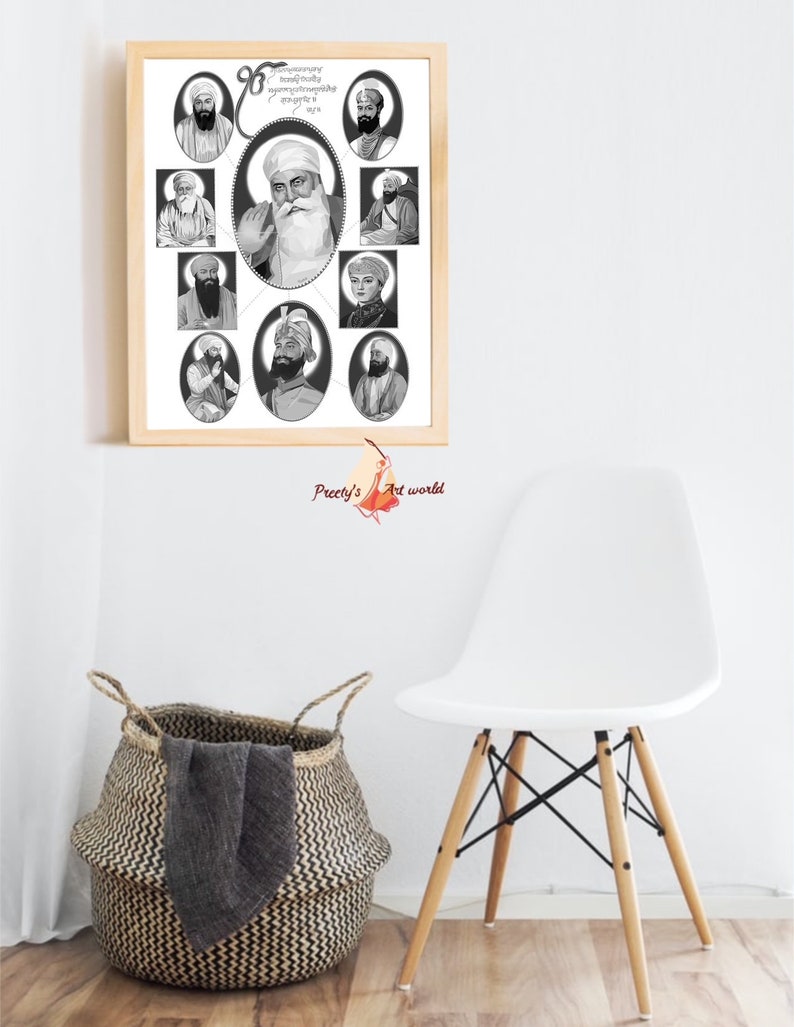Puede incluir: Impresi&oacute;n enmarcada en blanco y negro de los diez gur&uacute;s sij. La impresi&oacute;n presenta un retrato de cada gur&uacute; en un c&iacute;rculo con su nombre en escritura gurmukhi. La impresi&oacute;n se titula "Diez gur&uacute;s del sijismo".