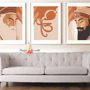 Set Of 3 Boho Guru Nanak Ji , Guru Gobind Singh Ji & Ek Onkar Art Poster Print Sikh Religious Minimalist Home Decor I Printable Art Print