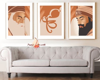 Set Of 3 Boho Guru Nanak Ji , Guru Gobind Singh Ji & Ek Onkar Art Poster Print Sikh Religious Minimalist Home Decor I Printable Art Print