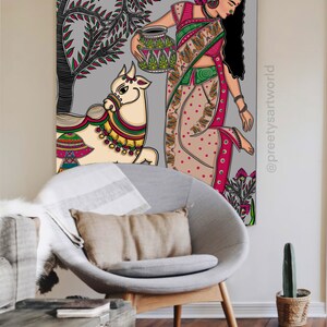 May include: A colorful illustration of a woman in a traditional Indian sari holding a pot, standing next to a white cow with colorful decorations. The background is a gray and white pattern with a green tree.