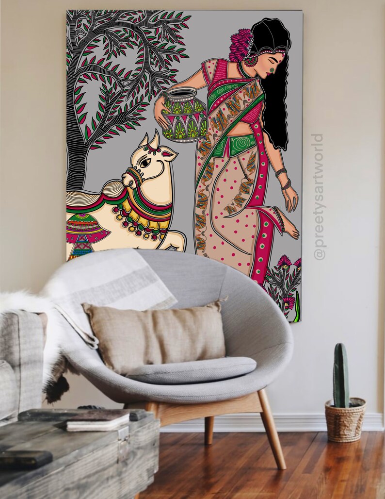 May include: A colorful illustration of a woman in a traditional Indian sari holding a pot, standing next to a white cow with colorful decorations. The background is a gray and white pattern with a green tree.