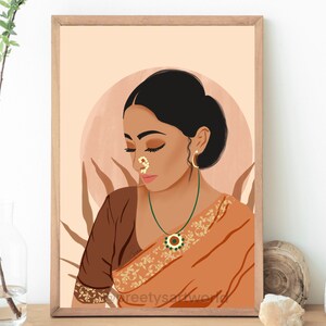 May include: A digital illustration of a woman with dark hair and brown eyes wearing a traditional orange and brown sari with gold embroidery. She has a nose ring and a green gemstone necklace. The background is a soft peach color.