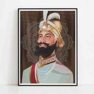 May include: A digital illustration of a Sikh man wearing a turban and a beard. He is wearing a blue and gold robe and a necklace. The background is a brown mandala pattern with the word "Waheguru" repeated in a script.