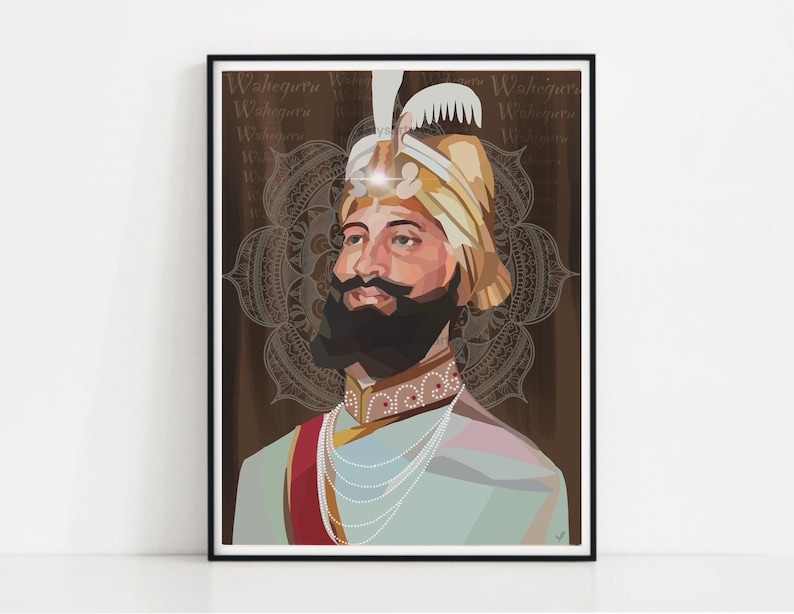 May include: A digital illustration of a Sikh man wearing a turban and a beard. He is wearing a blue and gold robe and a necklace. The background is a brown mandala pattern with the word "Waheguru" repeated in a script.