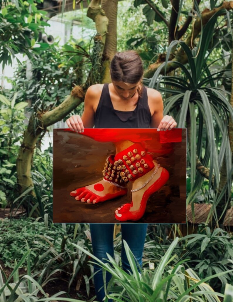 May include: A painting of a pair of red feet with gold anklets and bells. The feet are painted in a realistic style and the anklets are adorned with intricate details. The painting is set against a dark background.
