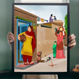 Puede incluir: Una ilustraci&oacute;n digital de una escena de pueblo tradicional indio. La ilustraci&oacute;n presenta a una mujer con un atuendo amarillo y rojo llevando una olla de barro, otra mujer con un atuendo rosa llevando una olla de barro y un gallo en primer plano. El fondo incluye un edificio marr&oacute;n con una puerta azul y un techo blanco.