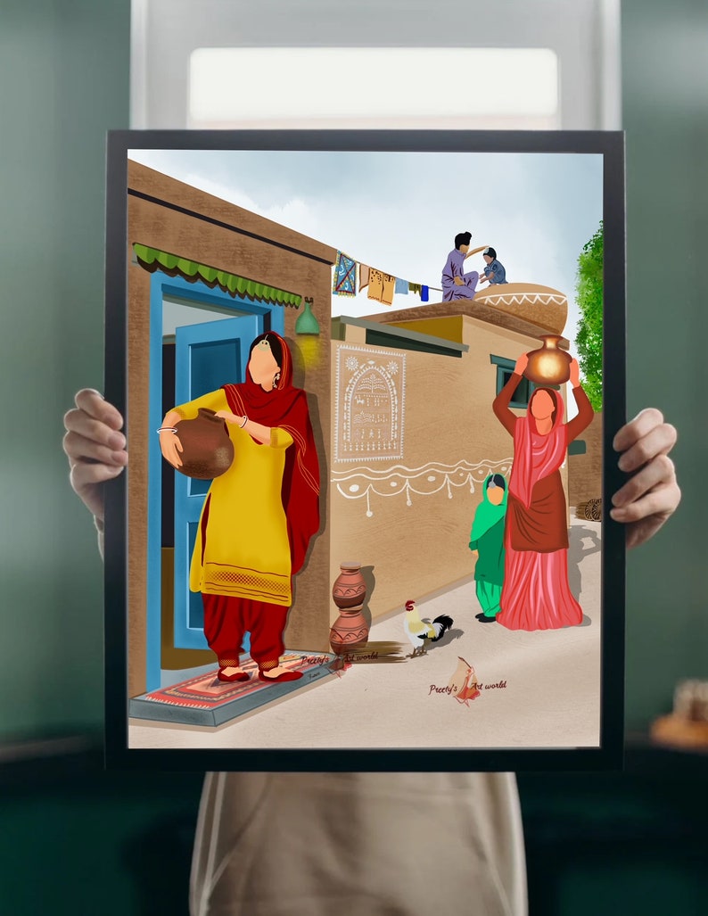 Puede incluir: Una ilustraci&oacute;n digital de una escena de pueblo tradicional indio. La ilustraci&oacute;n presenta a una mujer con un atuendo amarillo y rojo llevando una olla de barro, otra mujer con un atuendo rosa llevando una olla de barro y un gallo en primer plano. El fondo incluye un edificio marr&oacute;n con una puerta azul y un techo blanco.