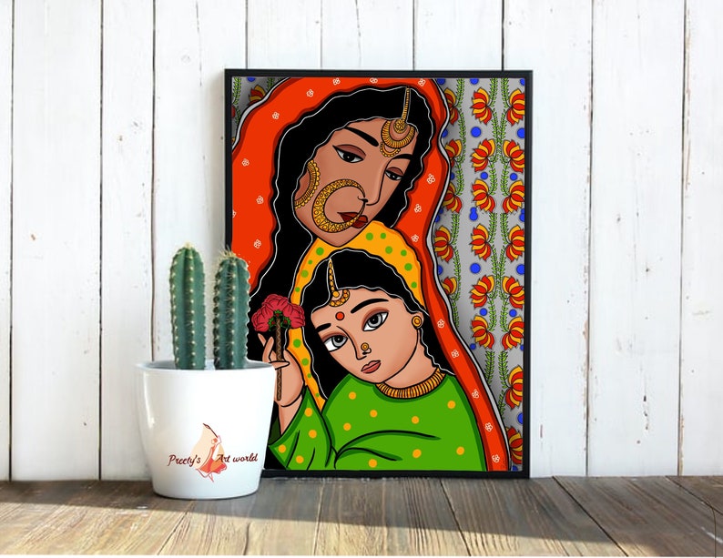 Mom & Daughter Madhubani Original Inspired Indian Traditional Wall Art ...