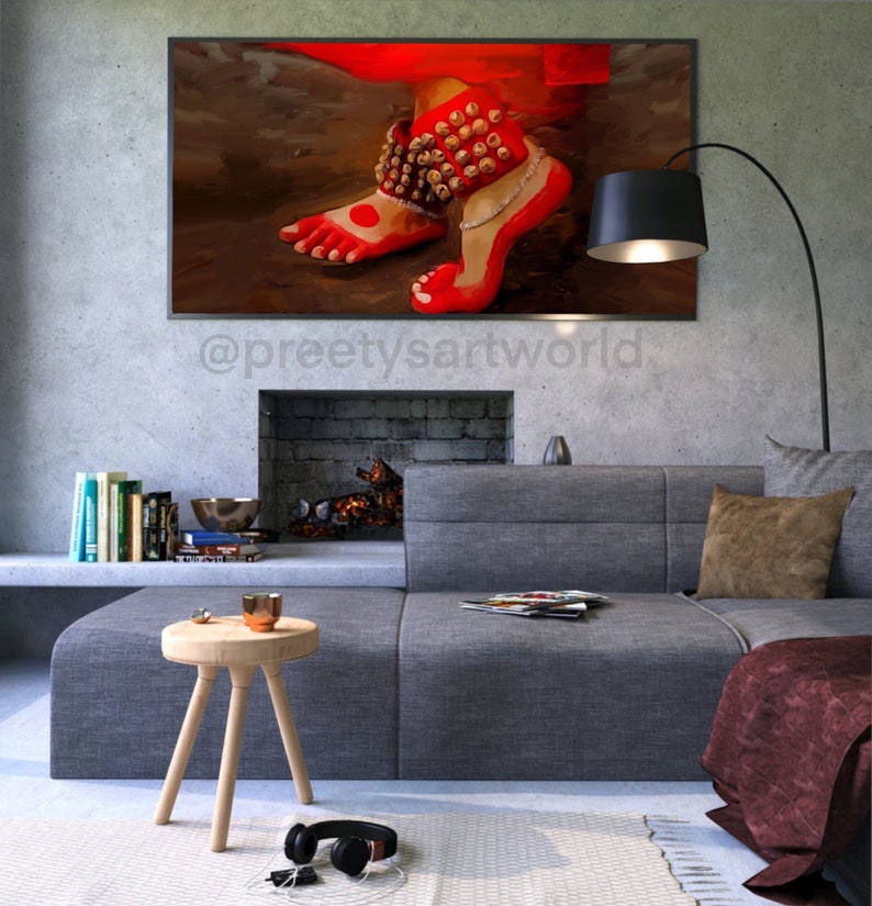 May include: A painting of a dancer's feet wearing red anklets with bells. The anklets are adorned with intricate details and the dancer's feet are painted in a vibrant red color.