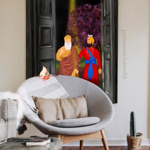 Pu&ograve; includere: Un dipinto digitale di due figure in abiti tradizionali Sikh in piedi in una porta. Le figure camminano verso un albero viola sullo sfondo. Il testo "ਮਨੁੱਖ ਦਾ ਹਰਿਗੁਰੂ" &egrave; scritto in scrittura Gurmukhi nella parte superiore dell'immagine.