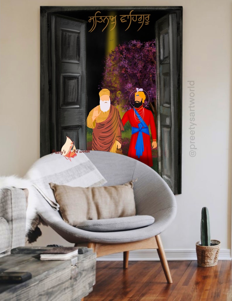 Pu&ograve; includere: Un dipinto digitale di due figure in abiti tradizionali Sikh in piedi in una porta. Le figure camminano verso un albero viola sullo sfondo. Il testo "ਮਨੁੱਖ ਦਾ ਹਰਿਗੁਰੂ" &egrave; scritto in scrittura Gurmukhi nella parte superiore dell'immagine.