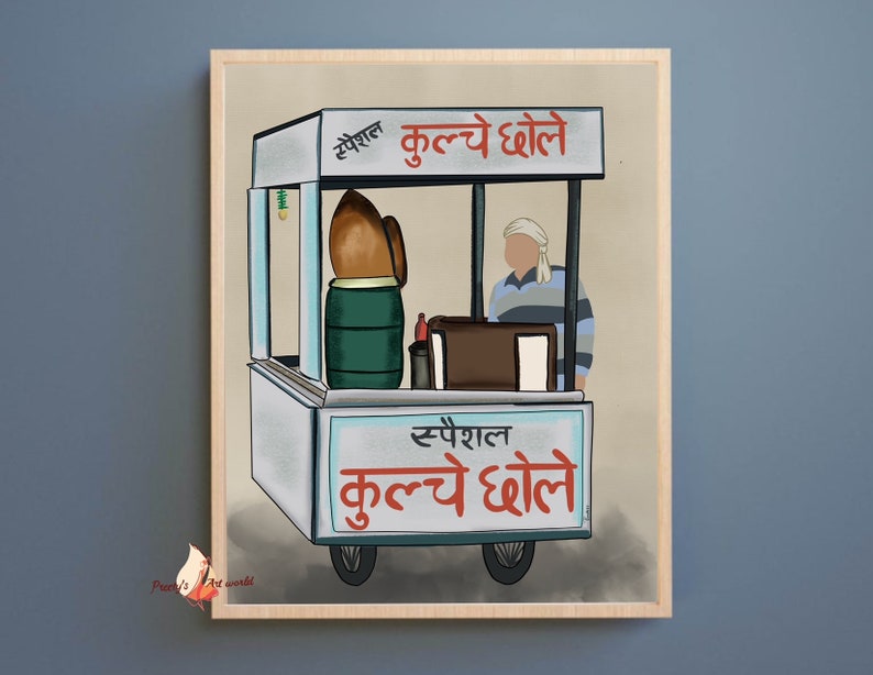 May include: A white food cart with a brown awning and the text "स्पेशल कुलचे धोले" in Hindi. A person wearing a white turban and a striped shirt stands behind the counter. The cart has two wheels and a green barrel.