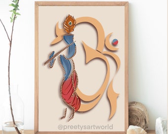 Krishna Om Abstract Art Boho Poster Print I Modern Contemporary I Hindu God Religious Wall Decor I Spiritual Wall Art I Krishna painting