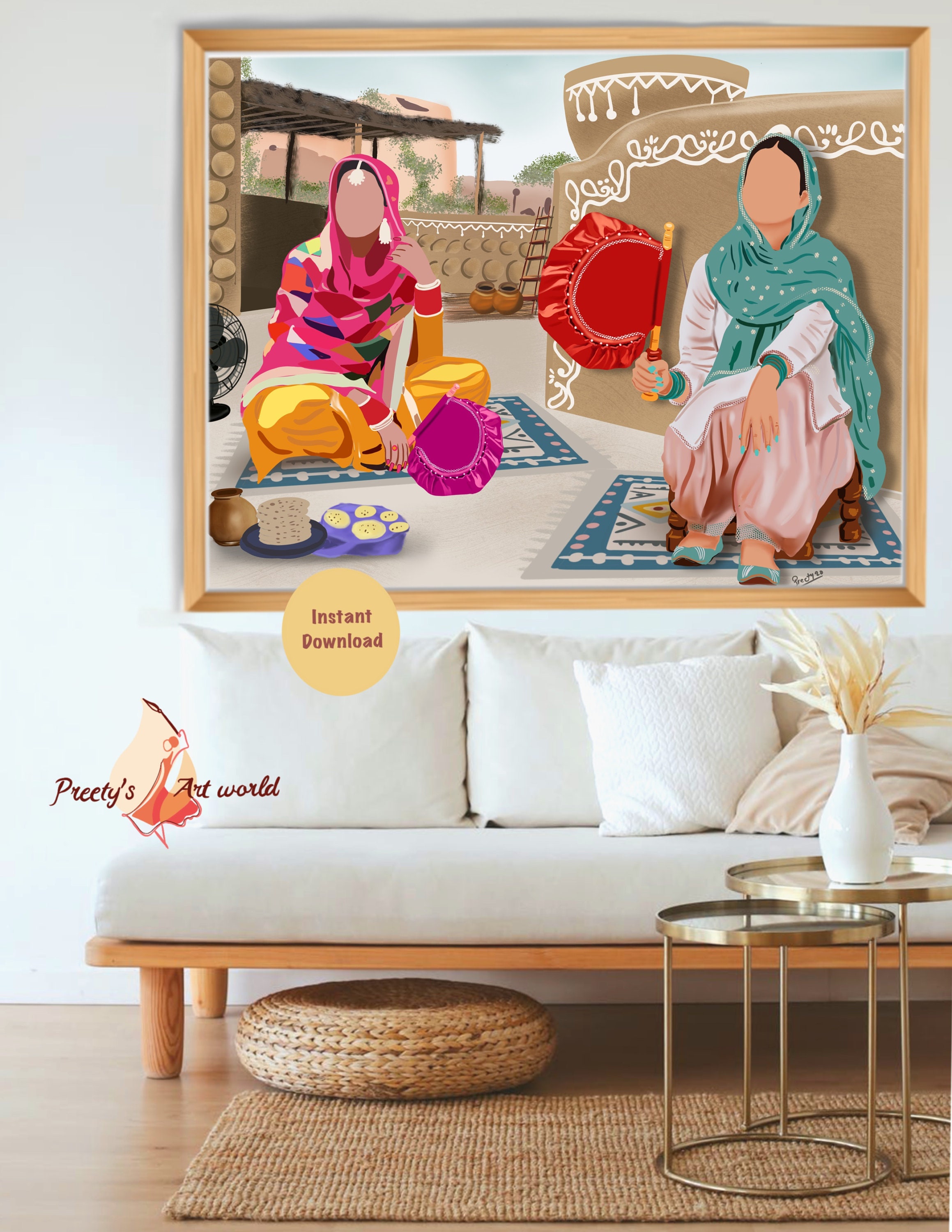 Sikh Women With Punjabi Pakhi Hand Fan Art Poster Print I Indian Home Décor I Sikh Wall Art I Punjabi Village Culture I Sikh Ethnic Art