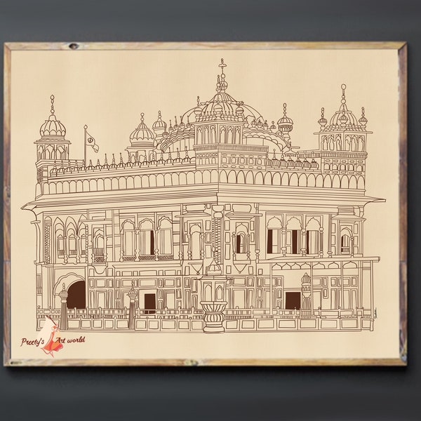 Boho Neutral Simple GoldenTemple Line Art I Harmandir Sahib Gurudwara I Amritsar Golden Temple I Darbar sahib I Golden temple Minimal sketch