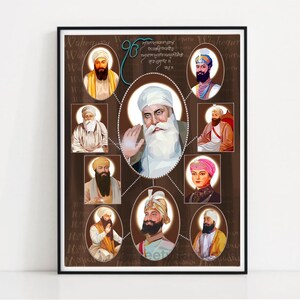 May include: A brown background with a circular design featuring portraits of the ten Sikh Gurus. The portraits are surrounded by a white beaded garland. The text "Waheguru" is written in Gurmukhi script at the top and bottom of the image.
