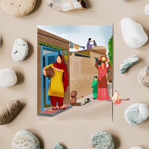 Puede incluir: Una ilustraci&oacute;n colorida de una escena de pueblo tradicional indio. Dos mujeres con ropa colorida llevan vasijas de barro, mientras un hombre y un ni&ntilde;o se paran en una azotea. La escena se desarrolla con un fondo de cielo azul y un edificio marr&oacute;n con una puerta azul.