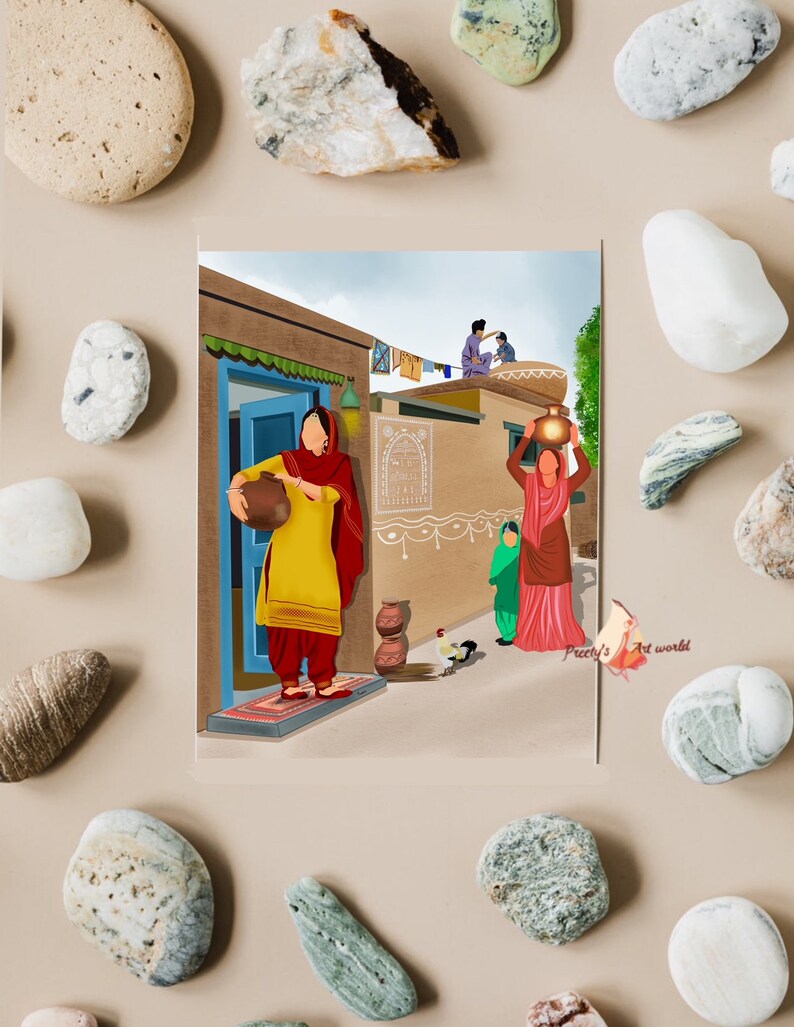 Puede incluir: Una ilustraci&oacute;n colorida de una escena de pueblo tradicional indio. Dos mujeres con ropa colorida llevan vasijas de barro, mientras un hombre y un ni&ntilde;o se paran en una azotea. La escena se desarrolla con un fondo de cielo azul y un edificio marr&oacute;n con una puerta azul.