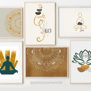 Set of 6  Minimalist Modern Gallery Wall Art Prints I Abstract Boho Art Set I Ganesha Lotus Meditating Yoga Mandala Om Shanti Om Lineart