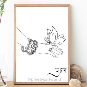 May include: A black and white line drawing of a hand with a ring on the finger, wearing bangles and holding a butterfly. The text "उड़ान" is written below the image.