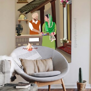May include: A digital illustration of a couple in traditional Indian clothing standing in a doorway. The man is wearing a turban and orange shirt, and the woman is wearing a green salwar kameez. The woman is holding a plate of food. The illustration is set against a background of a traditional Indian home.