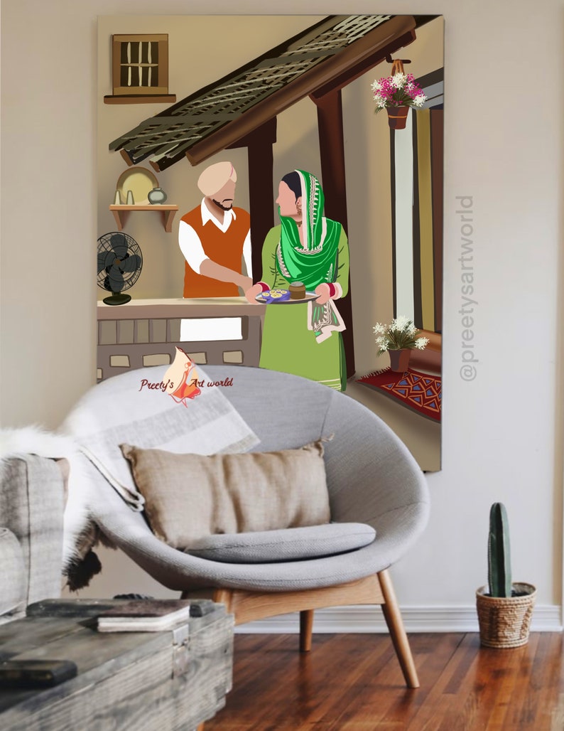 May include: A digital illustration of a couple in traditional Indian clothing standing in a doorway. The man is wearing a turban and orange shirt, and the woman is wearing a green salwar kameez. The woman is holding a plate of food. The illustration is set against a background of a traditional Indian home.