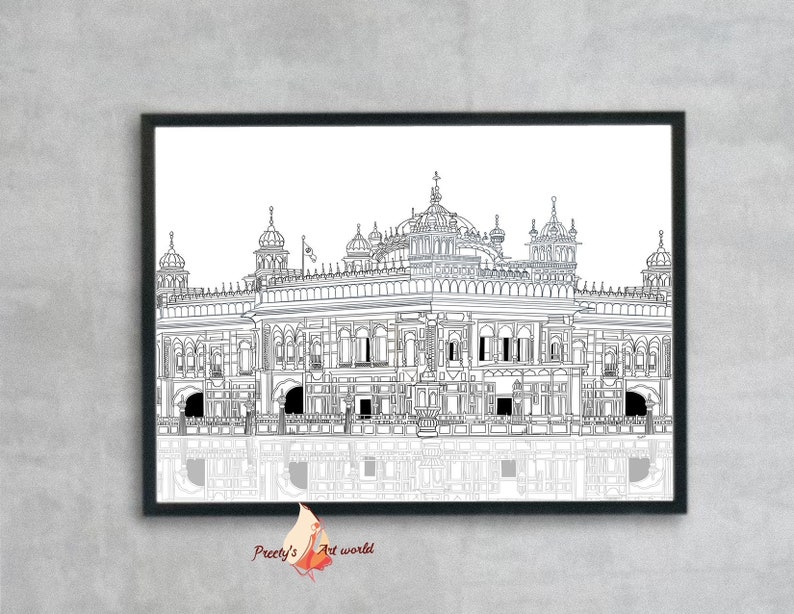 May include: A black and white line drawing of a large, ornate building with multiple domes and towers. The building is reflected in a pool of water in the foreground. The drawing is framed in a black frame.