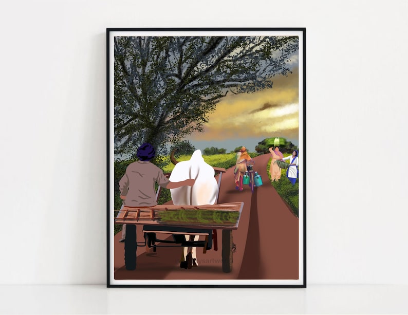 Punjabi Men & Women Working In Fields I Punjabi Village Art I Village Life I Traditional Indian Printable Wall Art I Punjabi wall decor image 1