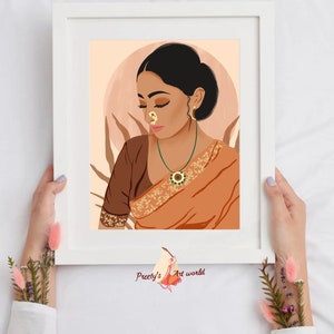May include: A digital illustration of a woman with dark hair and brown eyes wearing a traditional orange and brown sari with gold embroidery. She is wearing a nose ring and a necklace with a green and gold pendant. The background is a peach color with a large circle and stylized leaves.