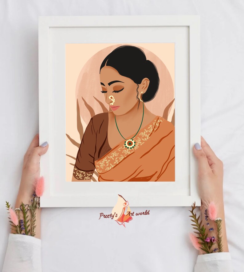 May include: A digital illustration of a woman with dark hair and brown eyes wearing a traditional orange and brown sari with gold embroidery. She is wearing a nose ring and a necklace with a green and gold pendant. The background is a peach color with a large circle and stylized leaves.