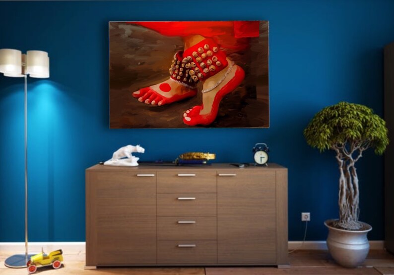 May include: A painting of a woman's feet wearing red shoes and anklets with bells. The feet are painted in a realistic style and the background is a dark brown.
