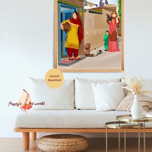 Puede incluir: Una ilustraci&oacute;n digital de una escena tradicional de un pueblo indio. La ilustraci&oacute;n presenta mujeres con ropa colorida llevando jarras de agua, un gallo y una casa con una puerta azul. El texto "Jai Mata Di" es visible en la pared de la casa.