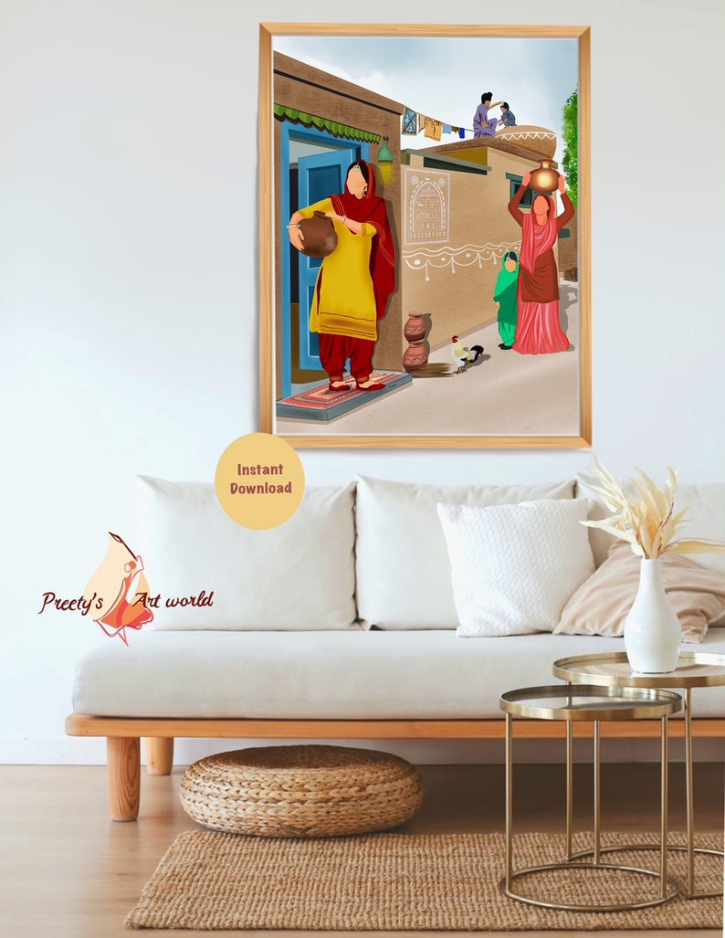 Puede incluir: Una ilustraci&oacute;n digital de una escena tradicional de un pueblo indio. La ilustraci&oacute;n presenta mujeres con ropa colorida llevando jarras de agua, un gallo y una casa con una puerta azul. El texto "Jai Mata Di" es visible en la pared de la casa.