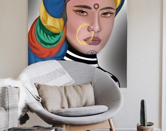 ターバンを巻いたインド人女性アート、印刷可能なインドの壁アート