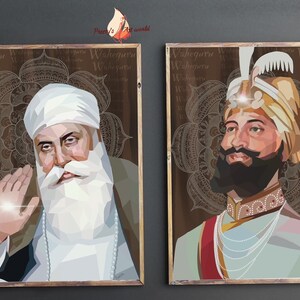 May include: Two framed portraits of Sikh religious figures. The figures are depicted in a polygonal style with a brown background and intricate mandala designs. The text "Waheguru" is repeated in the background.