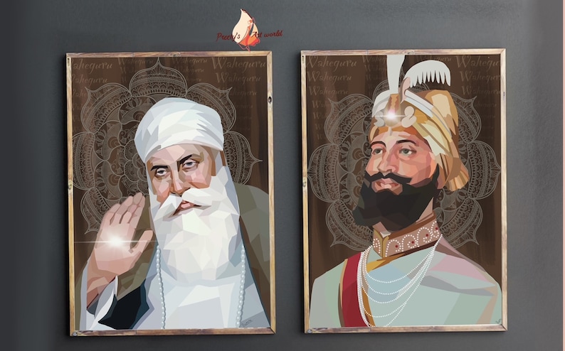May include: Two framed portraits of Sikh religious figures. The figures are depicted in a polygonal style with a brown background and intricate mandala designs. The text "Waheguru" is repeated in the background.