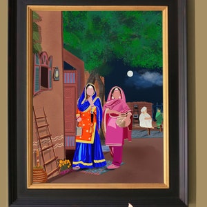 Punjabi Village Family Art Print I Indyjski etniczny wystrój domu I Tradycyjny indyjski wydruk ścienny I Sikh Family Printable Art Printable zdjęcie 6