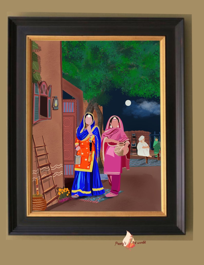 Punjabi Village Family Art Print I Indyjski etniczny wystrój domu I Tradycyjny indyjski wydruk ścienny I Sikh Family Printable Art Printable zdjęcie 6