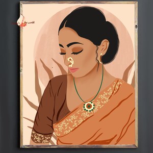 May include: A digital illustration of a woman with dark hair and brown eyes wearing a traditional orange and brown sari with gold embroidery. She is wearing a green and gold necklace and a nose ring. The background is a peach color with a circle in the center.