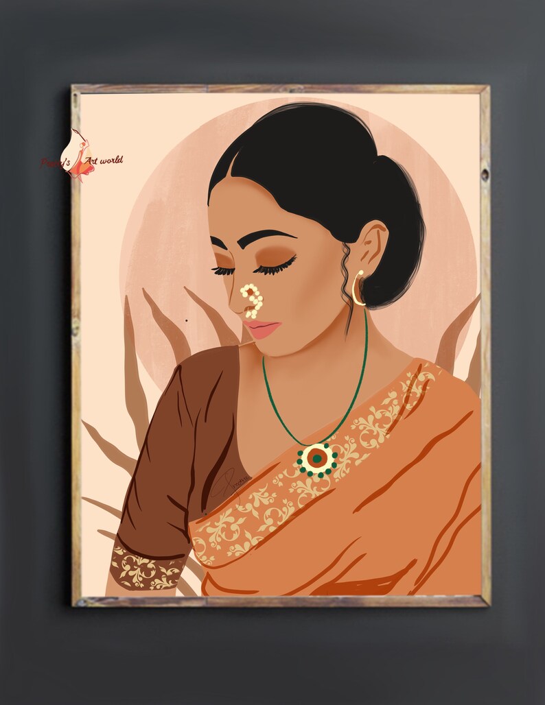 May include: A digital illustration of a woman with dark hair and brown eyes wearing a traditional orange and brown sari with gold embroidery. She is wearing a green and gold necklace and a nose ring. The background is a peach color with a circle in the center.