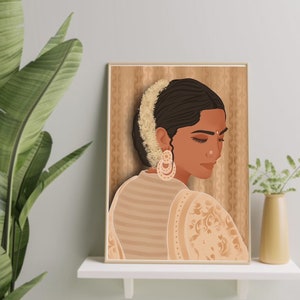 May include: A digital illustration of a woman with dark hair and brown skin wearing a traditional Indian outfit with floral patterns. She is wearing a flower garland in her hair and gold earrings. The background is a brown and gold patterned design.