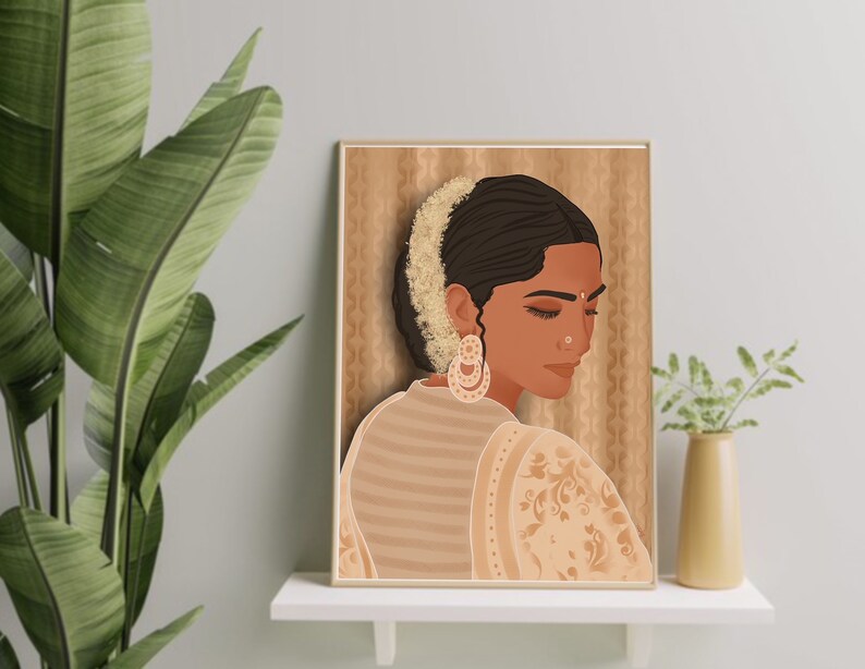 May include: A digital illustration of a woman with dark hair and brown skin wearing a traditional Indian outfit with floral patterns. She is wearing a flower garland in her hair and gold earrings. The background is a brown and gold patterned design.