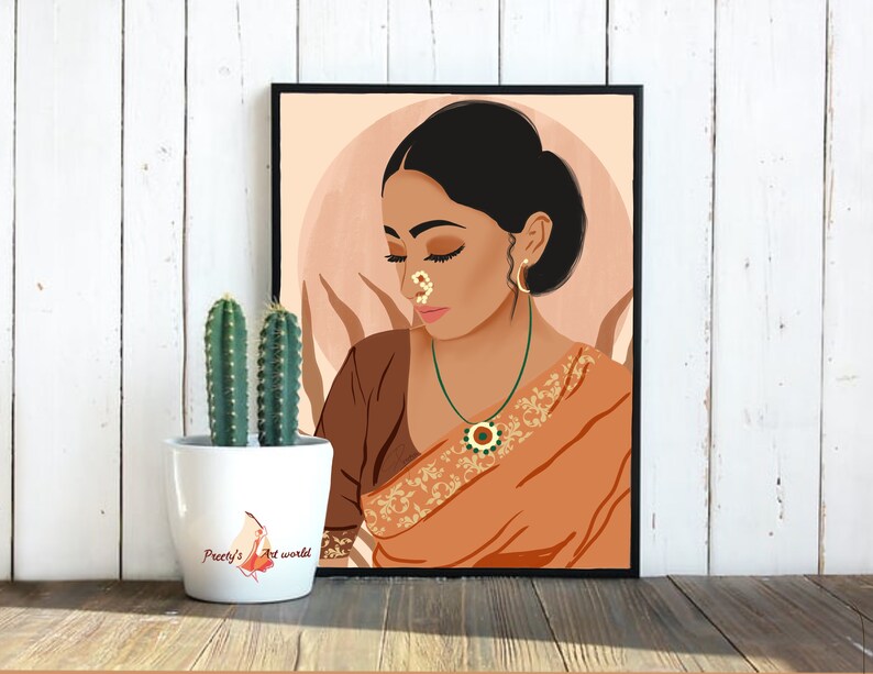 May include: Digital illustration of a woman with dark hair and brown eyes wearing a traditional orange and gold sari with a green and gold necklace. The background is a soft peach color with a circle in the center.