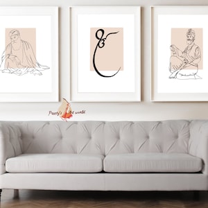 Set Of 3 Ek Onkar Guru Nanak Ji Guru Gobind Singh Ji Neutral Minimalist Line Art Boho Sikh Home Decor I Gallery Wall Art I Religious Art