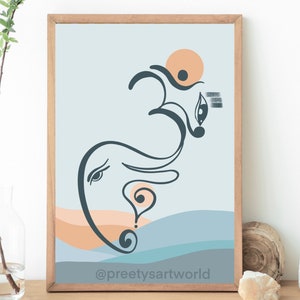 Abstract Modern Ganesha Blue Minimalist Line Drawing Indian Hindu God Home Wall Decor I Boho Art Poster I Simple Ganesha Puja Room Decor