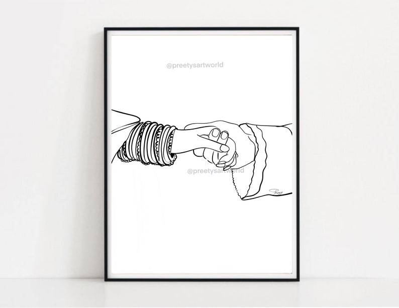 May include: Line art drawing of two hands holding each other. One hand is adorned with bangles. The drawing is signed "@preetyartworld".