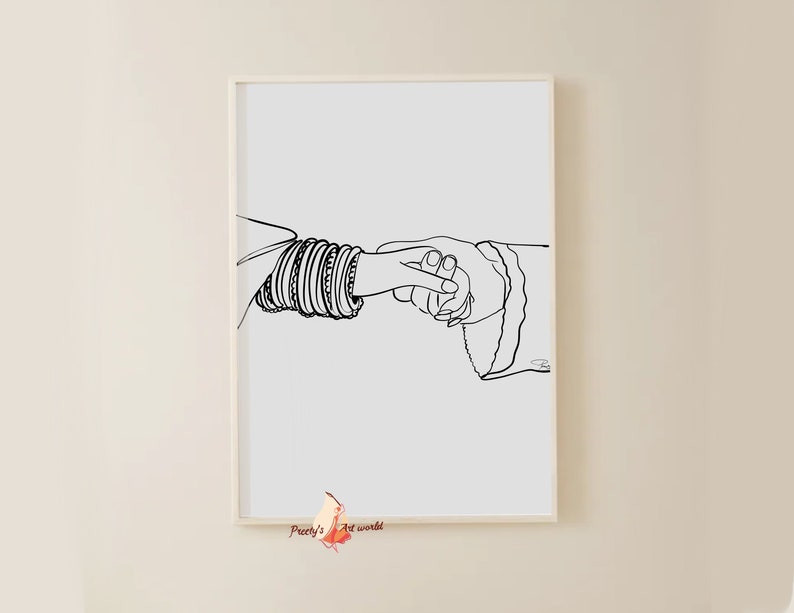 May include: Black and white line art print of two hands holding each other. One hand is adorned with bangles.