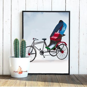 May include: A painting of a colorful, three-wheeled bicycle rickshaw with a blue and white striped canopy. The rickshaw is on a white background.