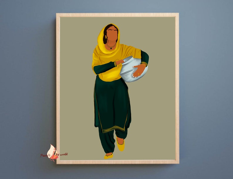 Punjabi Sikh Women Carrying Matka Water Pot Art Print I Indian Ethnic Home Décor I Village Life I Traditional Indian Printable Wall Art image 2